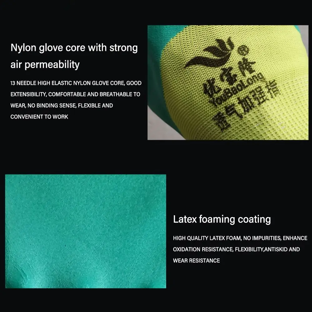 Green Work Safety Gloves Flexible Strengthen Protective Mittens Water-Proof Rubber Latex Coated Rubber Impregnated Gloves