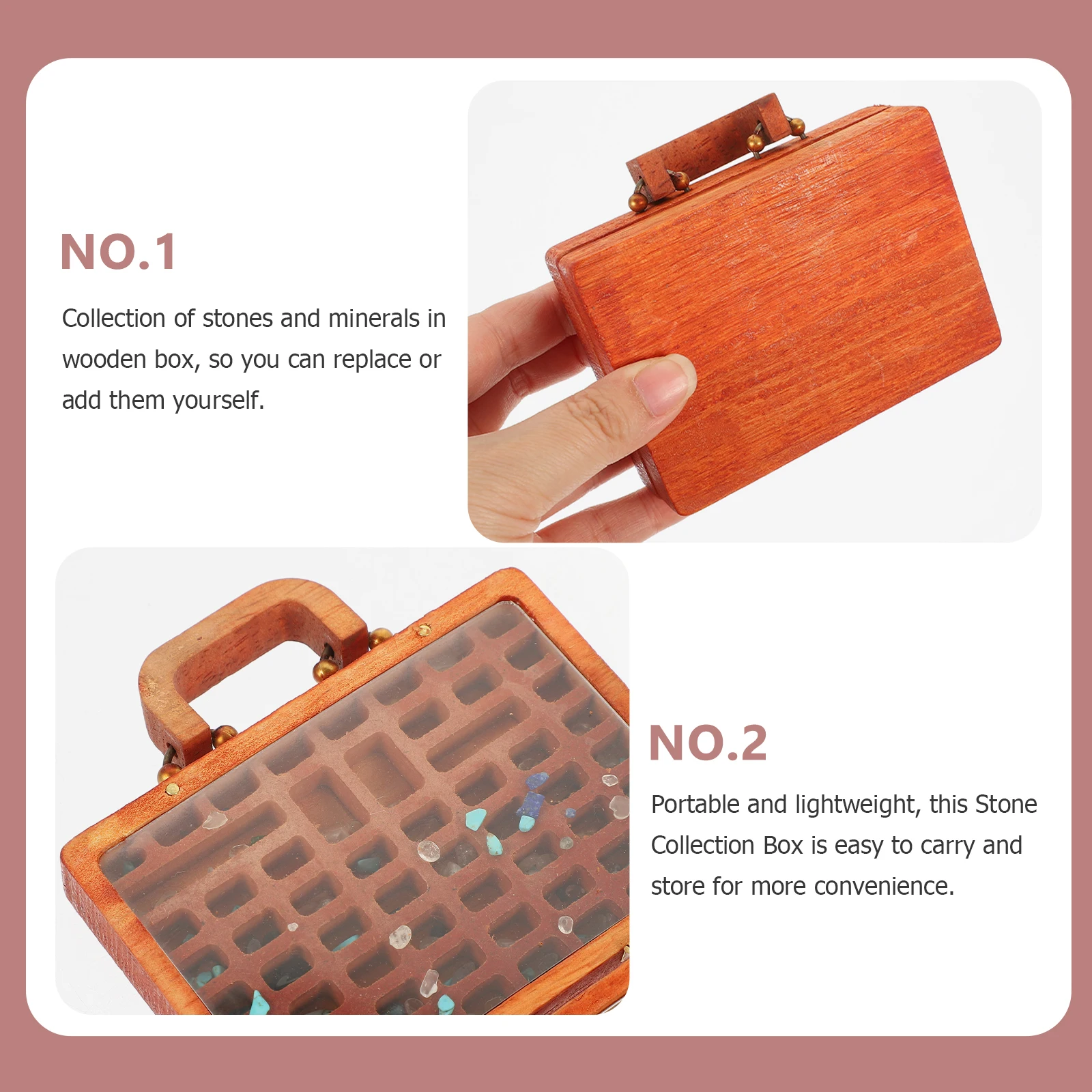 

Vintage Style Stone Collection Box Wooden Storage Organizer For Gemstones Minerals Trinkets Portable Lightweight Decorative