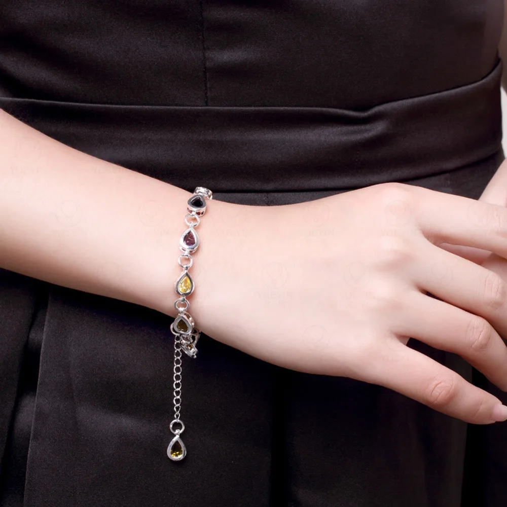 925 Sterling Silver Multicolour Zircons Chain Water Drop Rainbow Bracelet For Woman Fashion Charm Wedding Jewelry - view 3