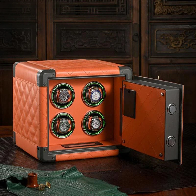 Luxury Leather Mini Watch Winder Safe Box Watch Storage Box 4 Slots Touch Screen With Atmosphere Lamp