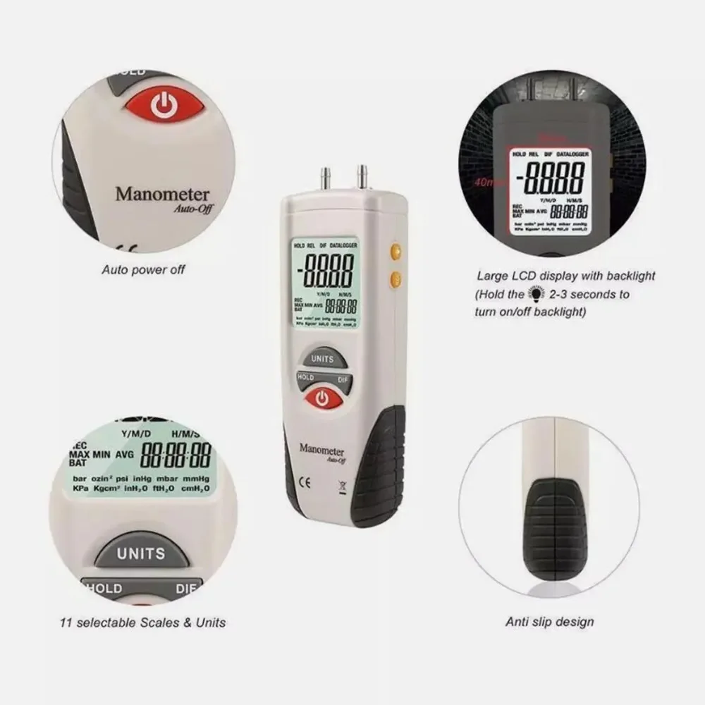 

HTI HT-1890 Gas Pressure Gauge Manometer Handheld Digital Manometer Data Hold Dual Port Air Pressure Gauge HVAC Gas Teste Meter