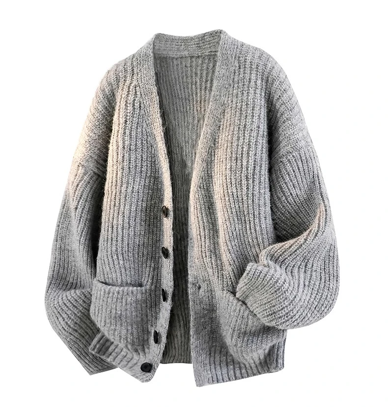 Autumn Winter Japanese Retro Green Light Gray Cardigan Sweater Men Soft Simple Loose Casual Apricot Navy Blue Knitted Jacket