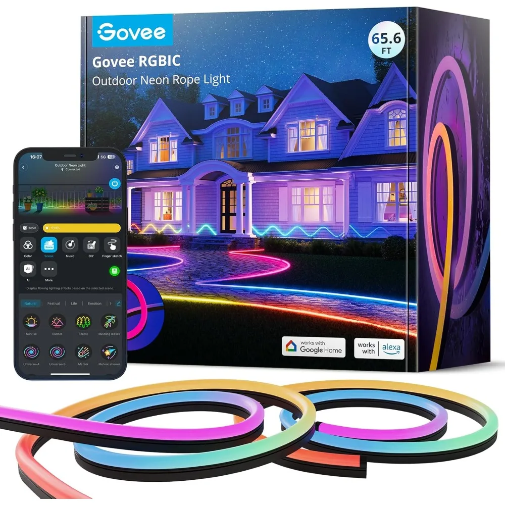 Outdoor Neon Rope Lights, Waterproof Christmas Decorations with 64 Scene Modes, Music Sync, Flexible LED Outdoor Lights