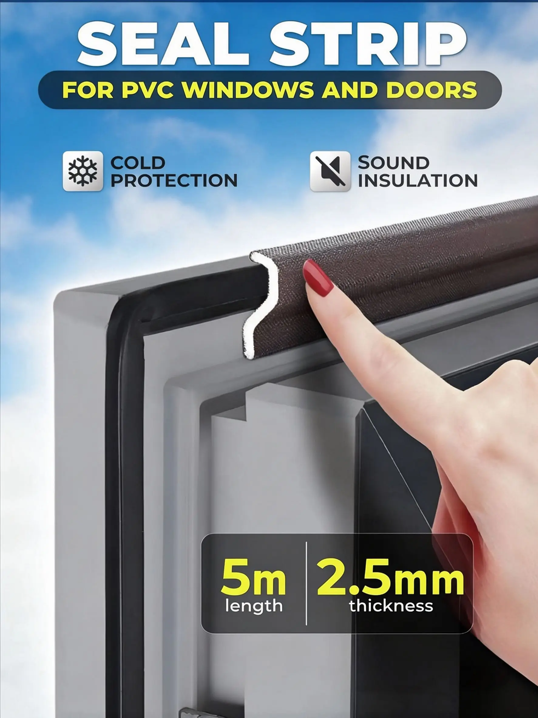 Self-Adhesive Window Seal Strip, Weather Stripping for Soundproof Thermal Insulation, Draft Stopper Noise Reduction, No Drilling