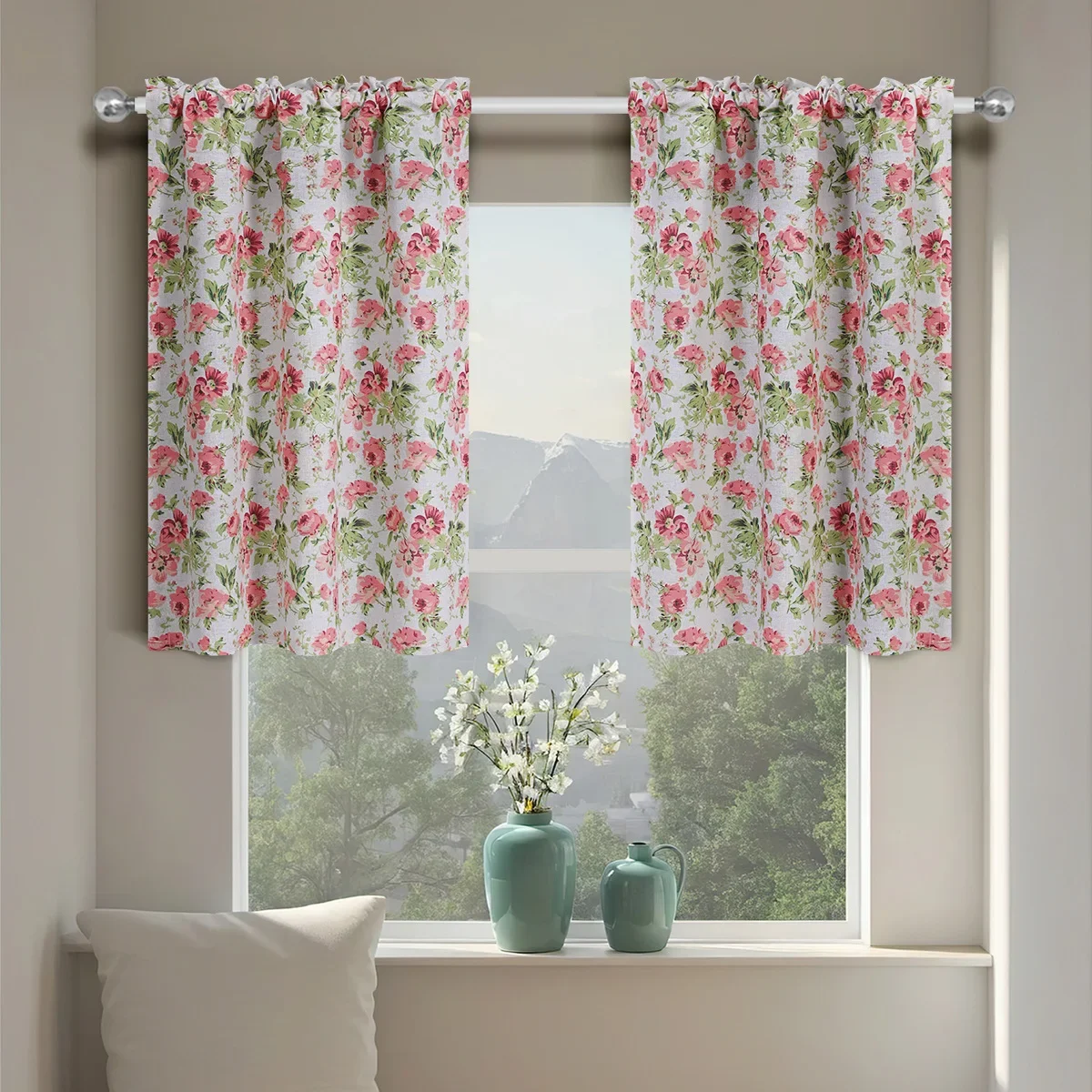 1PC Green Leaf Embroidered Short Curtains Window Gauze Kitchen Living Room Cabinet Decor  Window Drapery  창문커텐