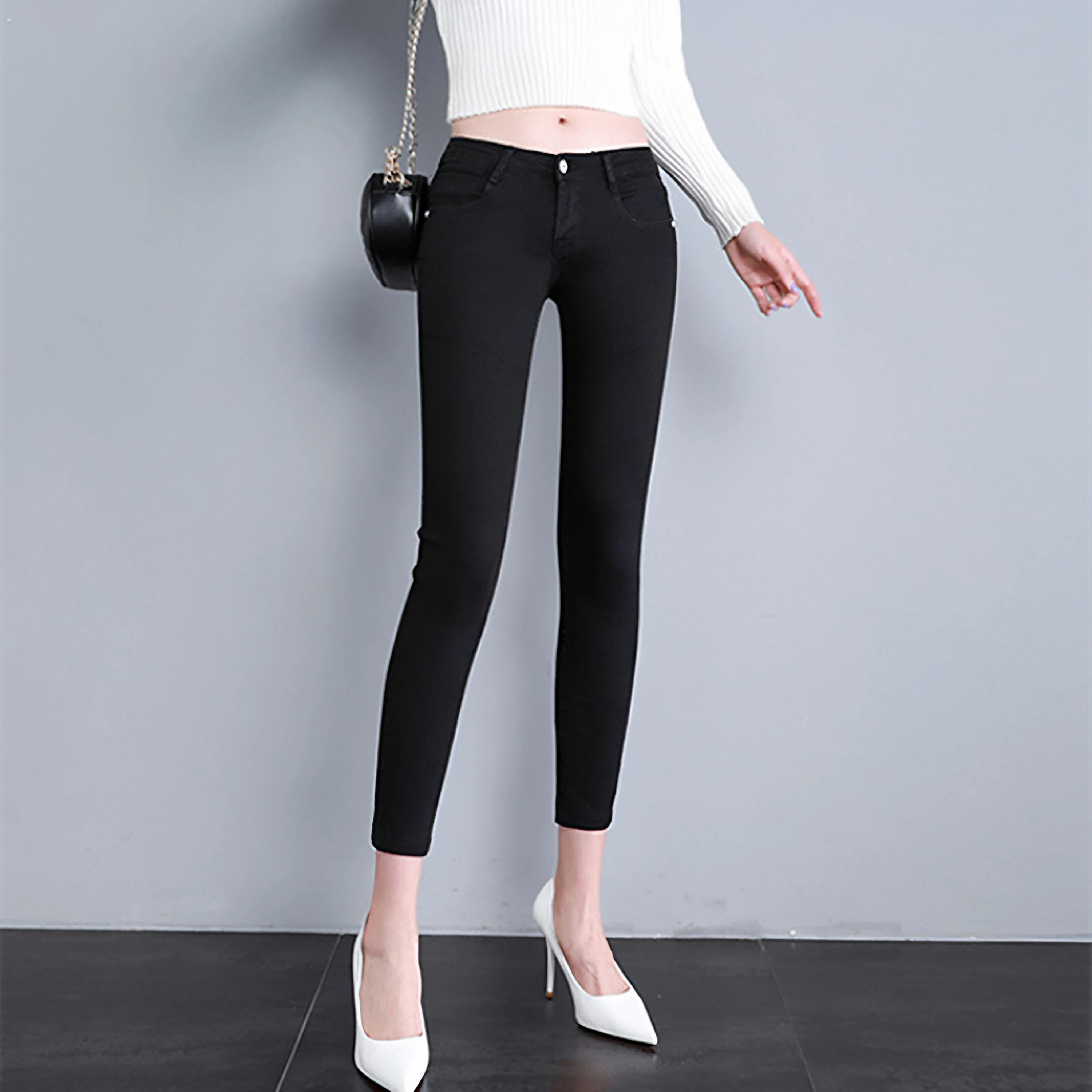 Low Waist Black Skinny Jeans Women's Spring Summer Slimming Long Pants Autumn New Style Elastic Cotton Denim Resin Color Fixa...