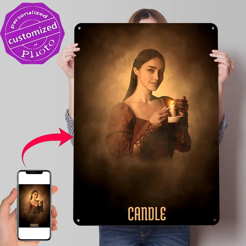 Woman Holding a Candle Tinplate Poster Customized Wall Art Retro Vintage Metal Signs for Fans Bedroom Decorations Home Decor