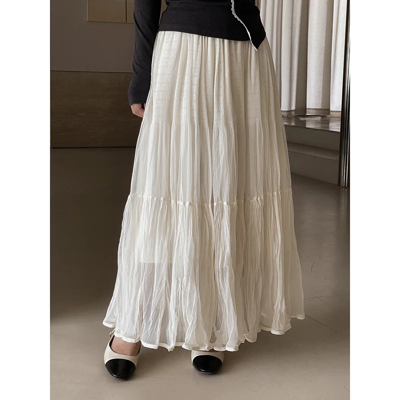 

2026 Ретро плиссированная сетчатая юбка-торт Осенняя макси-юбка трапециевидной формы