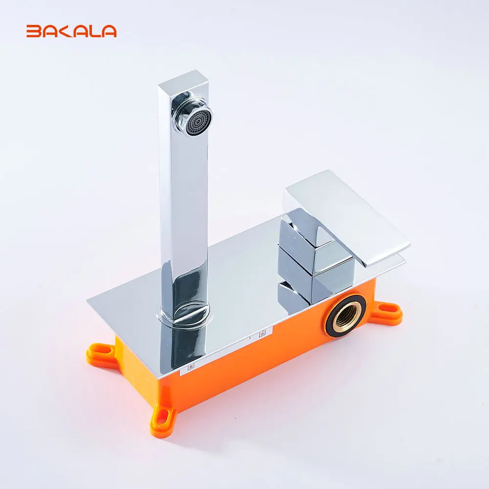 Chrome Or Matte  Black Or Mirror Finish Bathroom Basin Sink Faucet Wall Mounted Square  Brass Mixer Tap With Embedded Box