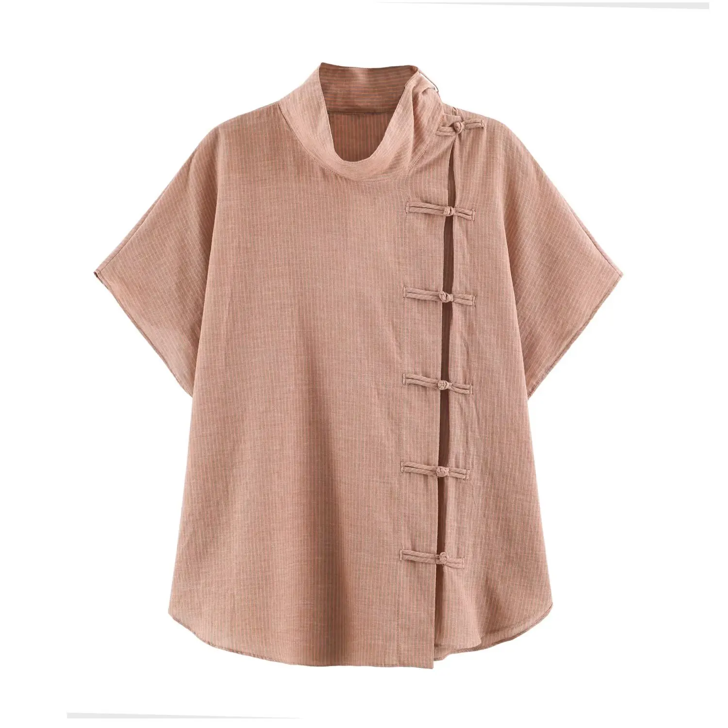 Women Chinese Style Casual Shirts Summer Female High Street Chic Striped Stand Collar Knot Button Blouse Top Lady Holiday Shirts