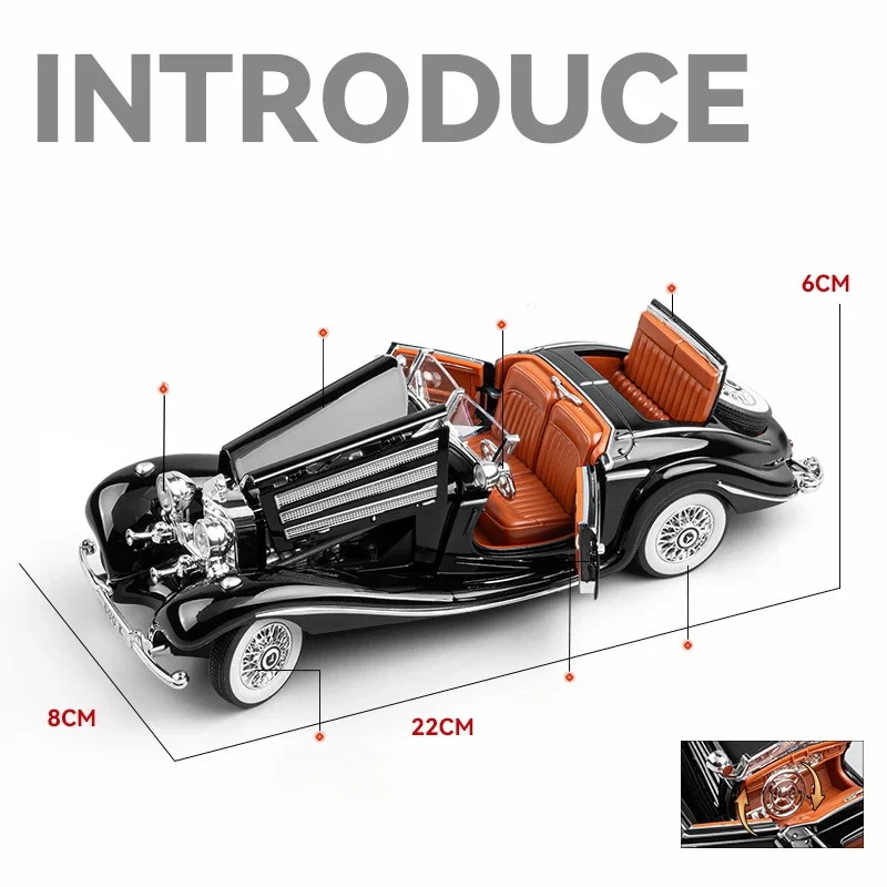 1:24 메르세데스-벤츠 500K 빈티지 자동차 클래식 자동차 합금 모델, 소리와 빛 어린이 장난감 수집품, 생일 선물 크리스마스