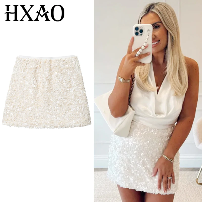 

HXAO Mini Sequin Skirts For Women 2025 Sexy Line Dance Skirt Female Beige Sparking Wrap Skirt Ladies Chic High Waist Micro Skirt
