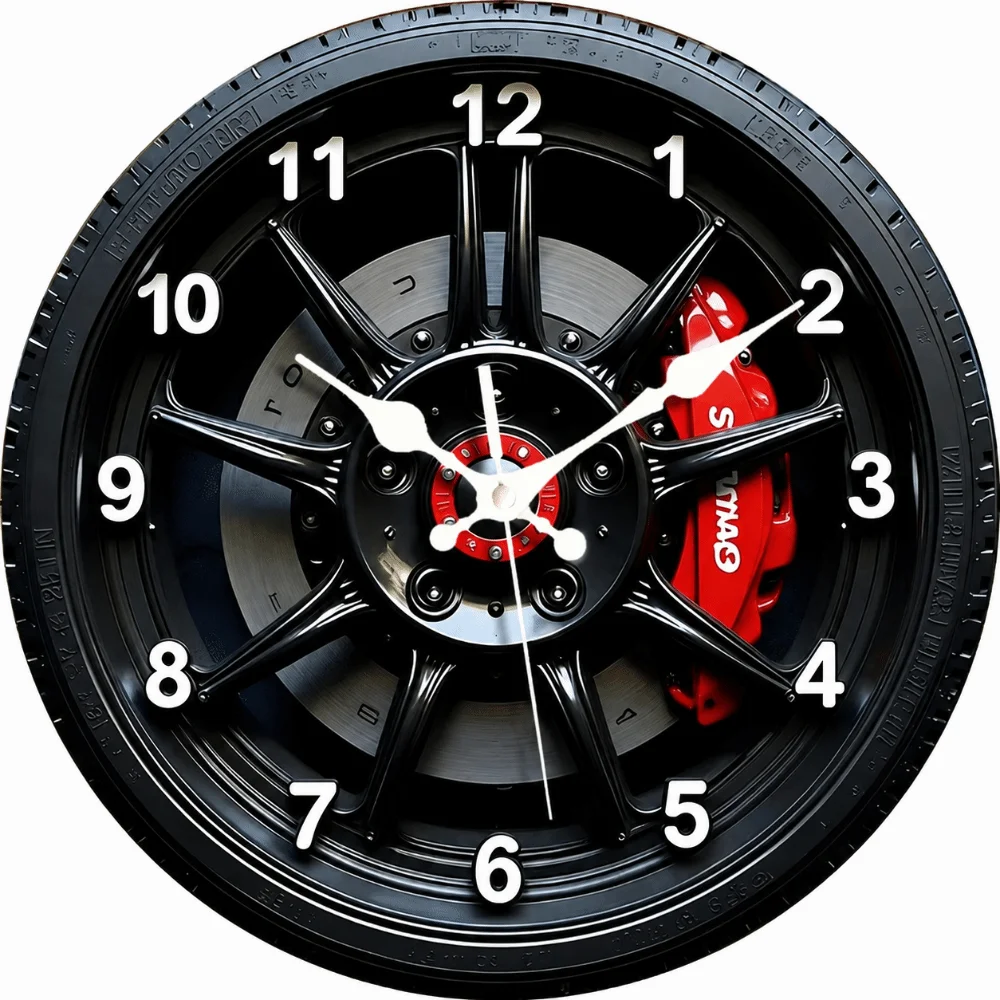 Motorcycle Style 2D Flat Wall Clock Silent Non-ticking 2D Car Wheel Hub Wall Clock Sweep Second Wall Decor Quartz Wall Clock