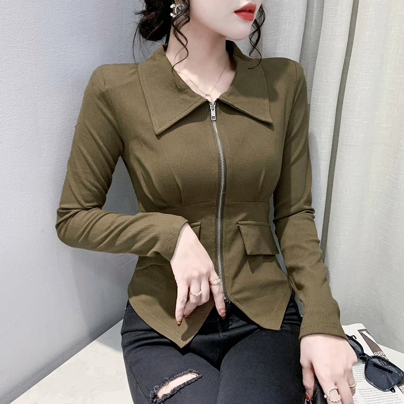 MadBlack, European Clothes T-Shirt, Women Sexy Lapel Zipper Irregular Tops, Long Sleeve Fashion Slim Tee, Autumn Winter T48710QC