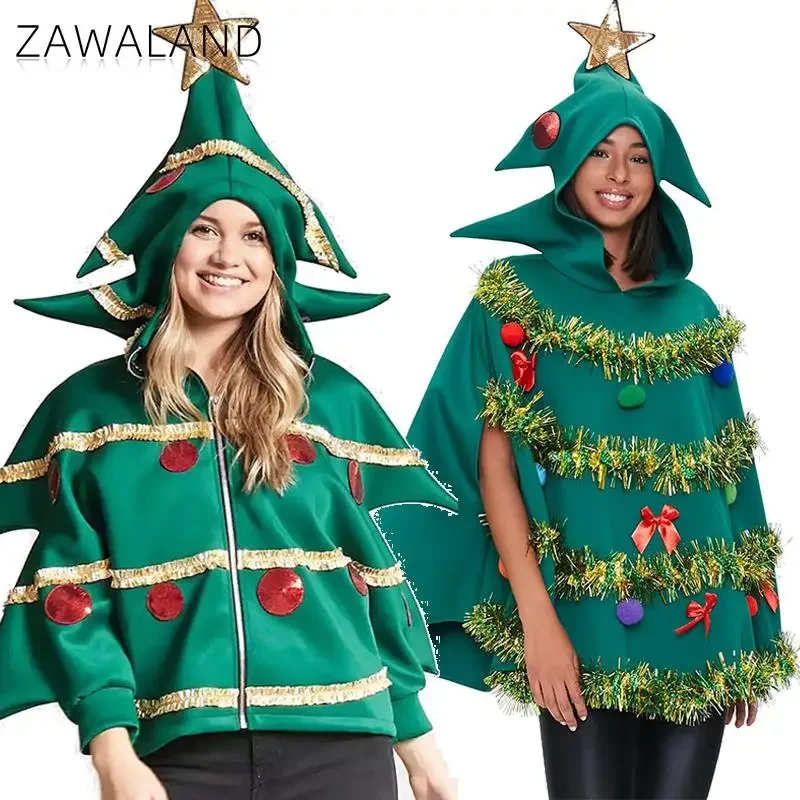 

Funny Christmas Tree Jacket with Hood for Party Cosplay Green Christmas Tree Poncho Adult New Year Holiday Xmas Costume