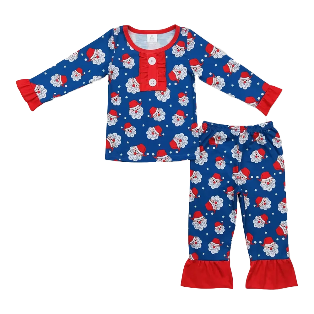 

Wholesale Children Set Baby Girl Santa Pajamas Sleepwear Kids Toddler Christmas Outfit Long Sleeves Shirt Blue Buttons Pants