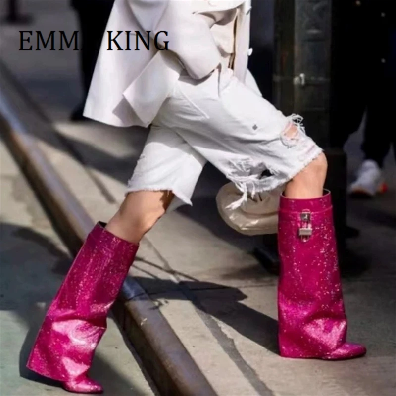 Luxury Diamond Women Knee High Boots Rhinestone Shark Lock Wedges Boots Round Toe Fold Boots Bling Party Shoes Botas De Mujer