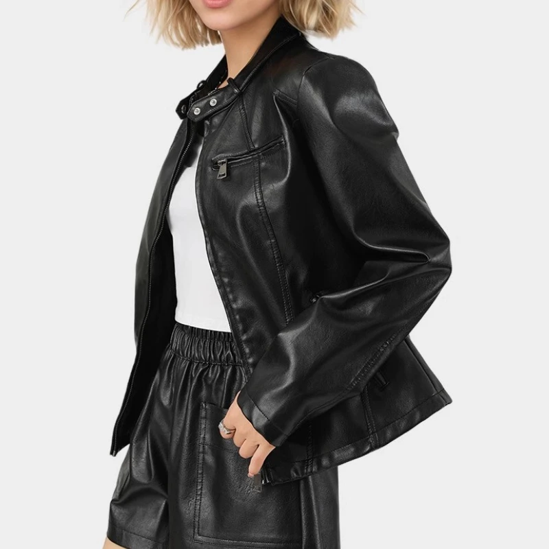 Automne femmes Faux cuir fermeture éclair noir col rond court trajet Pu veste manteau décontracté Streetwear Femmel vêtements d'extérieur Y2K Punk Grunge