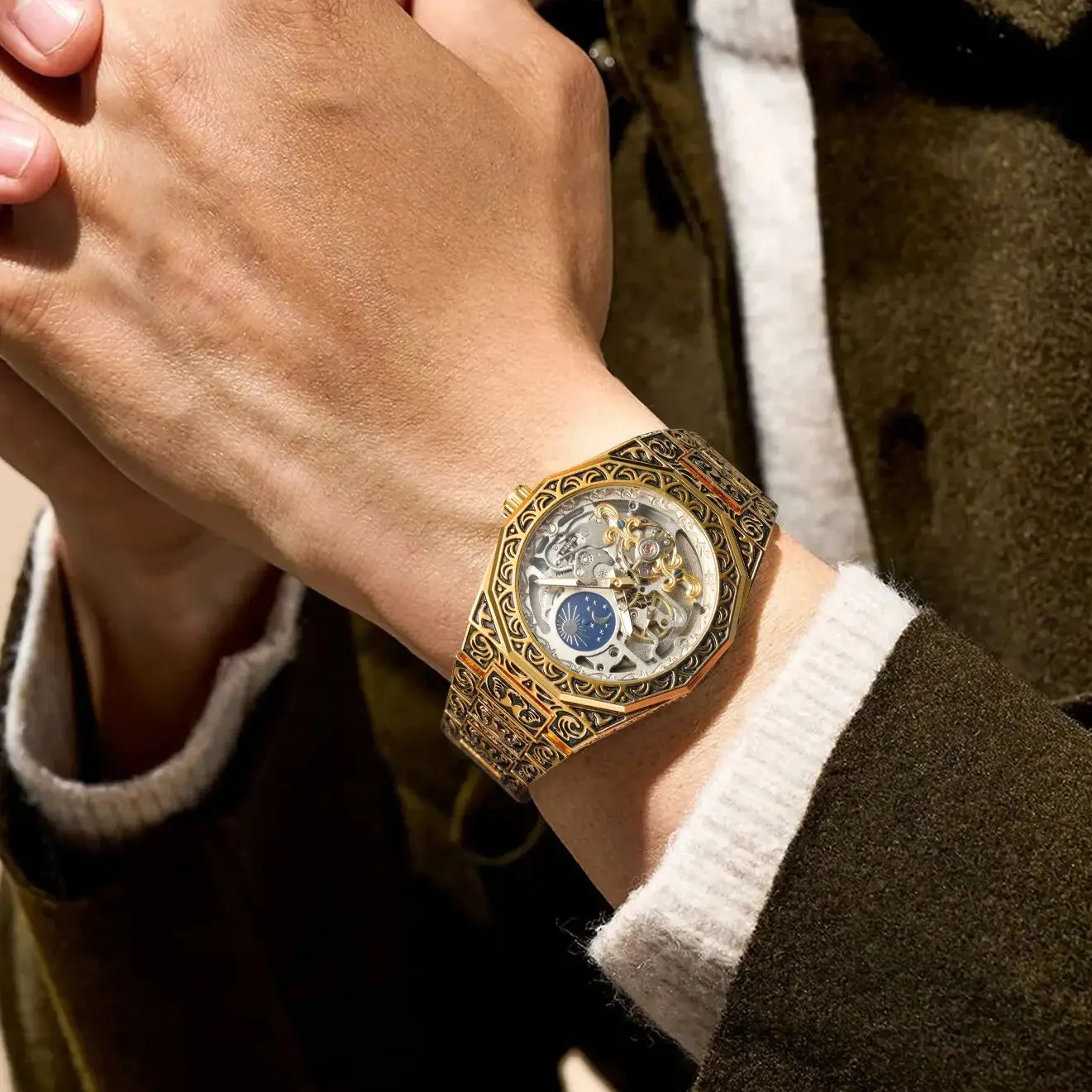 Forsining luxo tourbillon esqueleto relógios mecânicos fase da lua ouro relógio automático para homem gravado pulseira de aço inoxidável