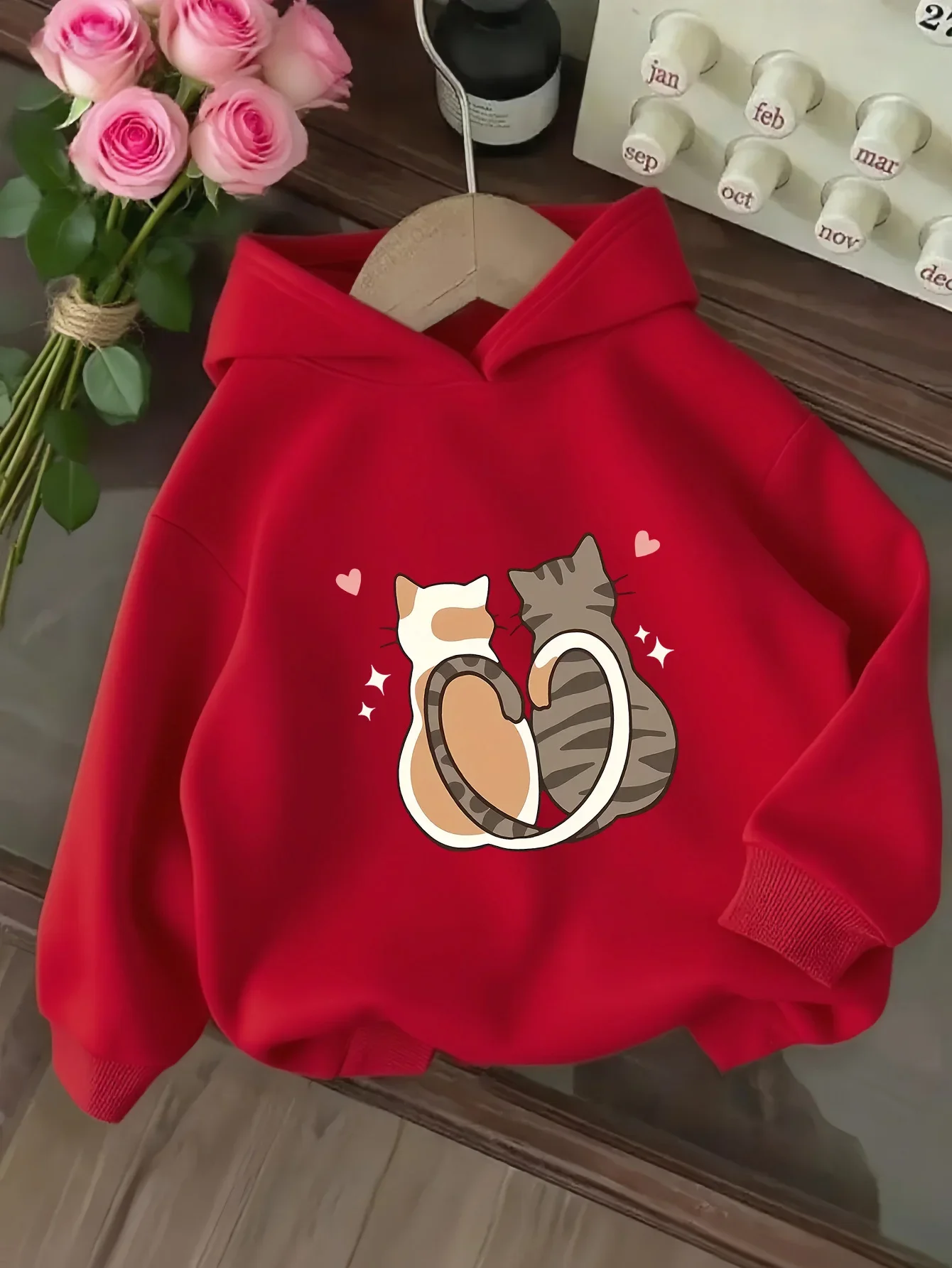 Kids Japanese Kawaii Hoodie Cute Cat Couple Graphic Print Pullover Sweatshirt Cartoon Streetwear Girls Boys Fashion