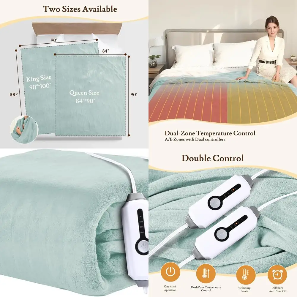 

Queen Size 84x90 Electric Blanket - 4 Heat Levels, Dual Controls, Auto Shut-Off, Soft Coral Fleece, Mint Green