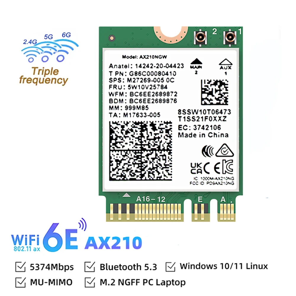 

Карта Wi-Fi 6E M.2 AX210 Bluetooth 5,3 2,4 ГГц 5 ГГц 6 ГГц 5374 Мбит/с 802.11ax для портативных ПК Windows 10 11