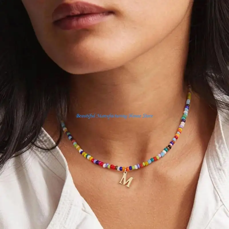 

E56A Beaded Necklace Letter Pendant Necklace Fashion Clavicle Chain Beaded Necklace