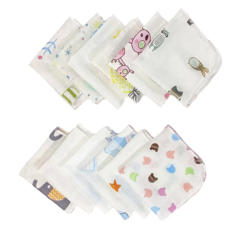 20*20cm Double Gauze Handkerchief Baby Bath Towel Newborn Cartoon Printed Gauze Square Breastfeeding Baby Saliva Towel