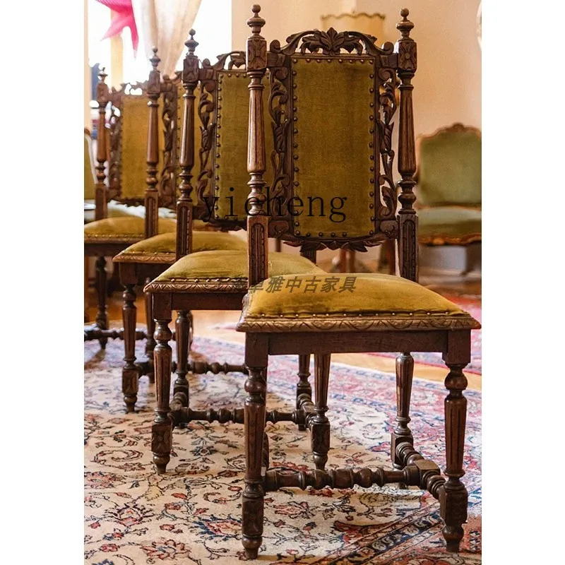 YFY  Vintage Style Carved Antique High-Back Chair Retro Solid Wood Carved Home Tea Table Dining Chair