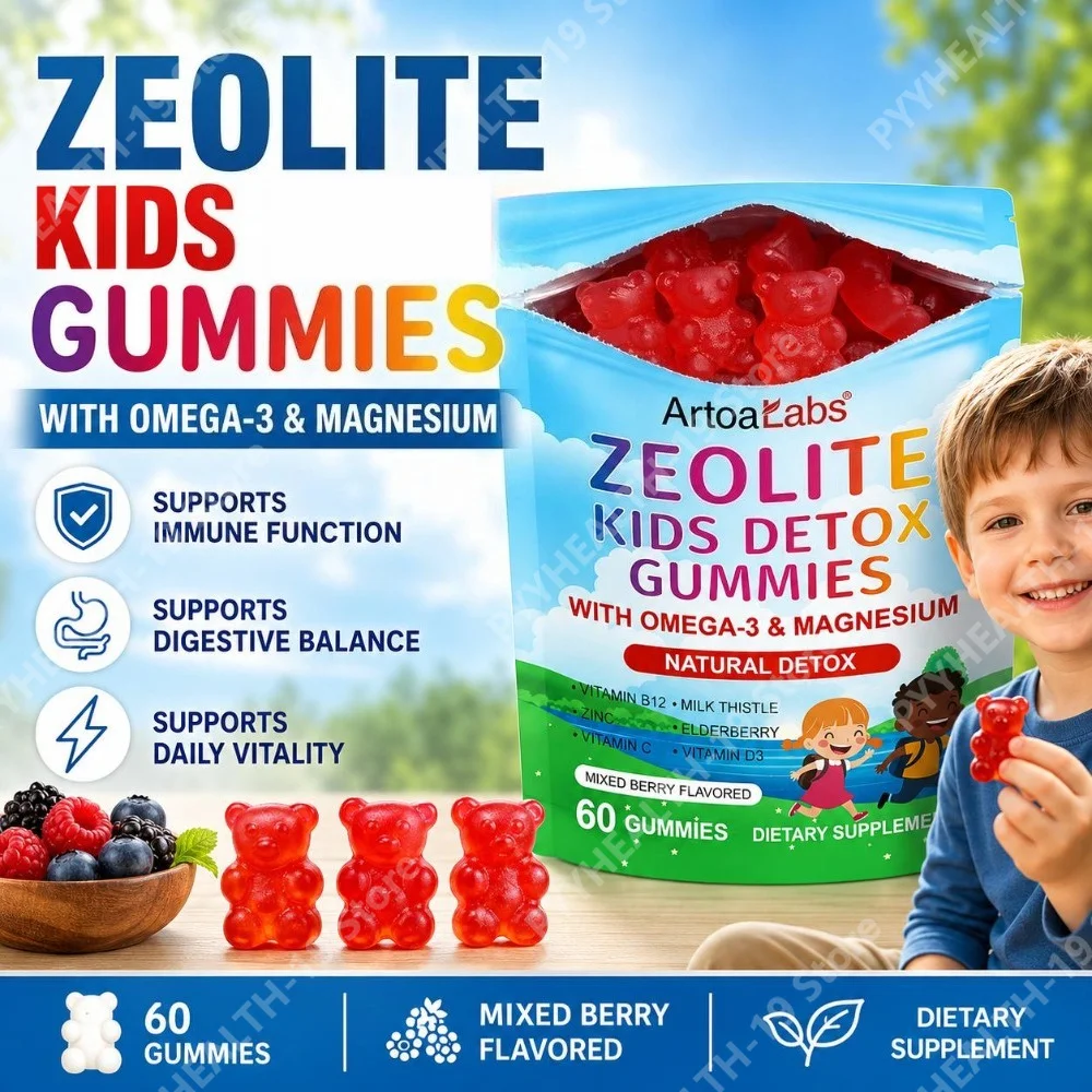 ArtoaLabs Zeolite Kids Gummies Omega-3 Magnesium Vitamin C D3 B12 For Immune Digestive Vitality Support, Children, 60 Count