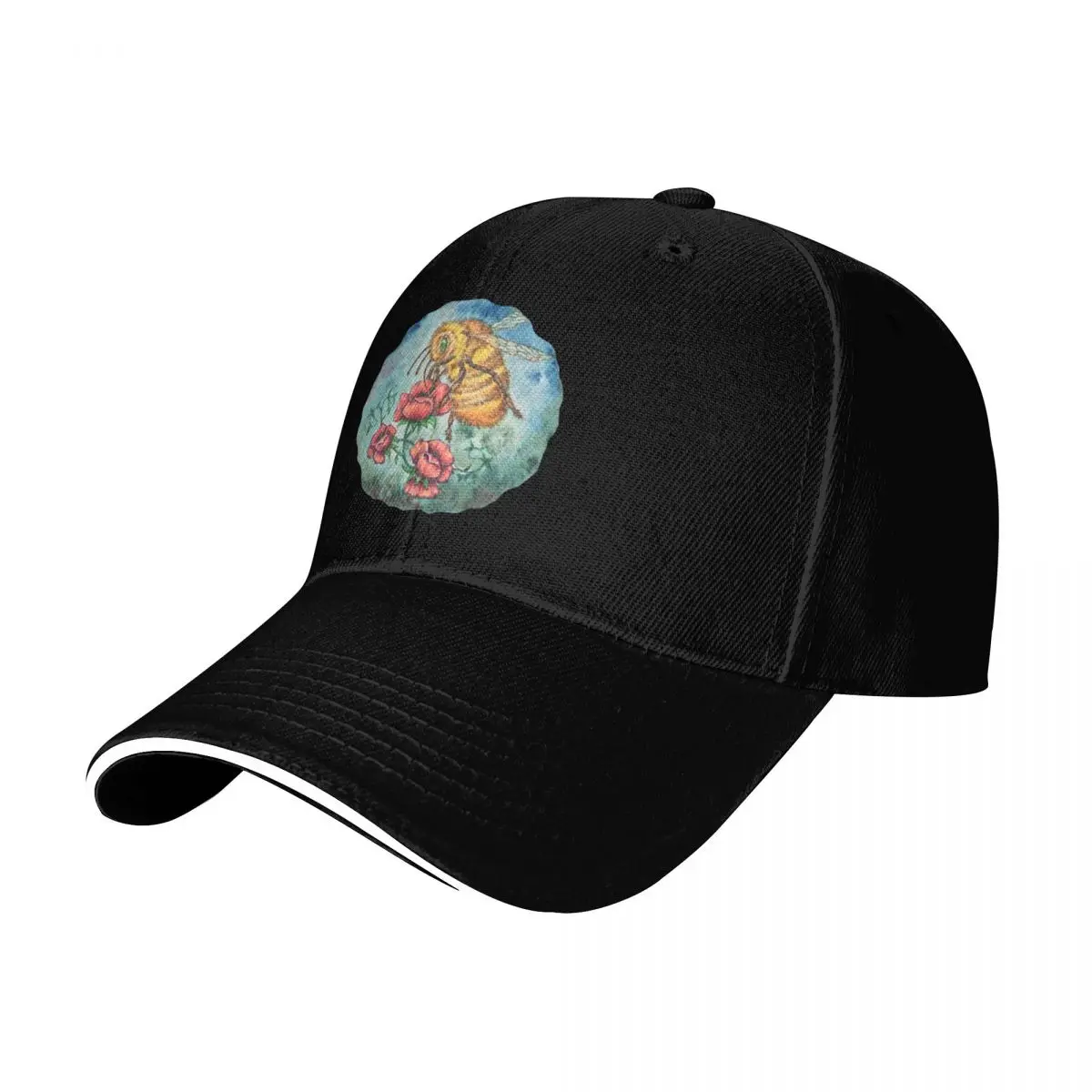 Watercolour bee collecting pollen from red flowers Baseball Cap Men Women Casual Summer Sport Sun Cap