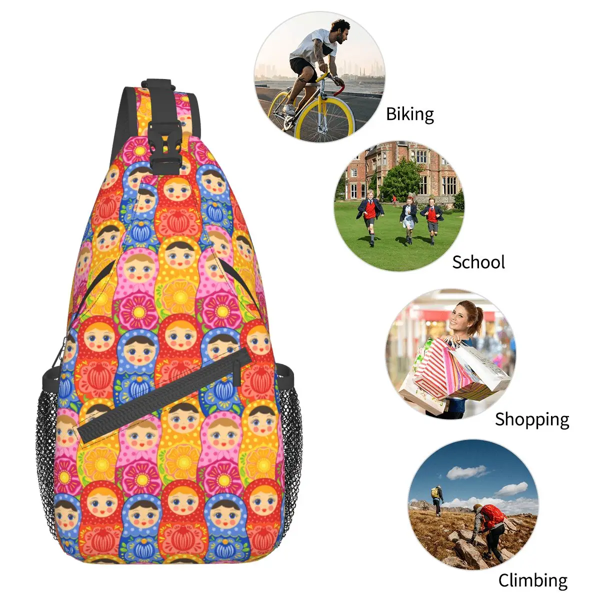 Mat roschka russische Puppe Cross body Schulter taschen Muster Brusttasche Cartoon Anime Schulter Rucksack Tages rucksack zum Wandern Reisen Radfahren