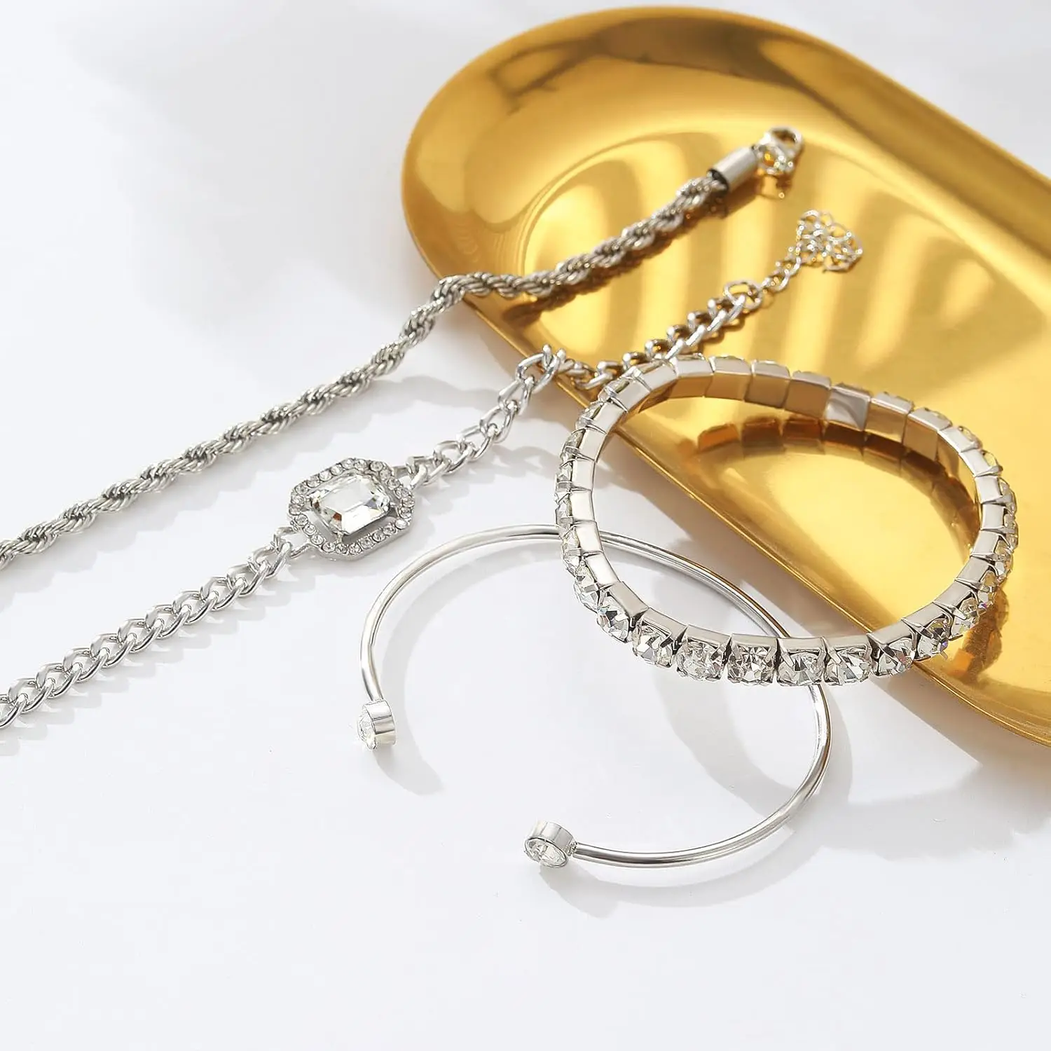 4 Pcs Dainty Bracelets Set for Women Link Cubic Zirconia Paperclip Stake Layering Chain Adjustable Trendy Hand Jewelry
