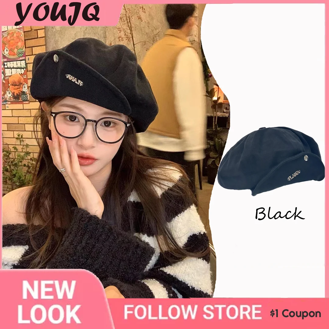 

Korean Y2K M/L Black Letter Cloud Beret Women's Spring Summer Versatile Sweet Cute Sunshade Short-brimmed Newsboy Hat Gorras