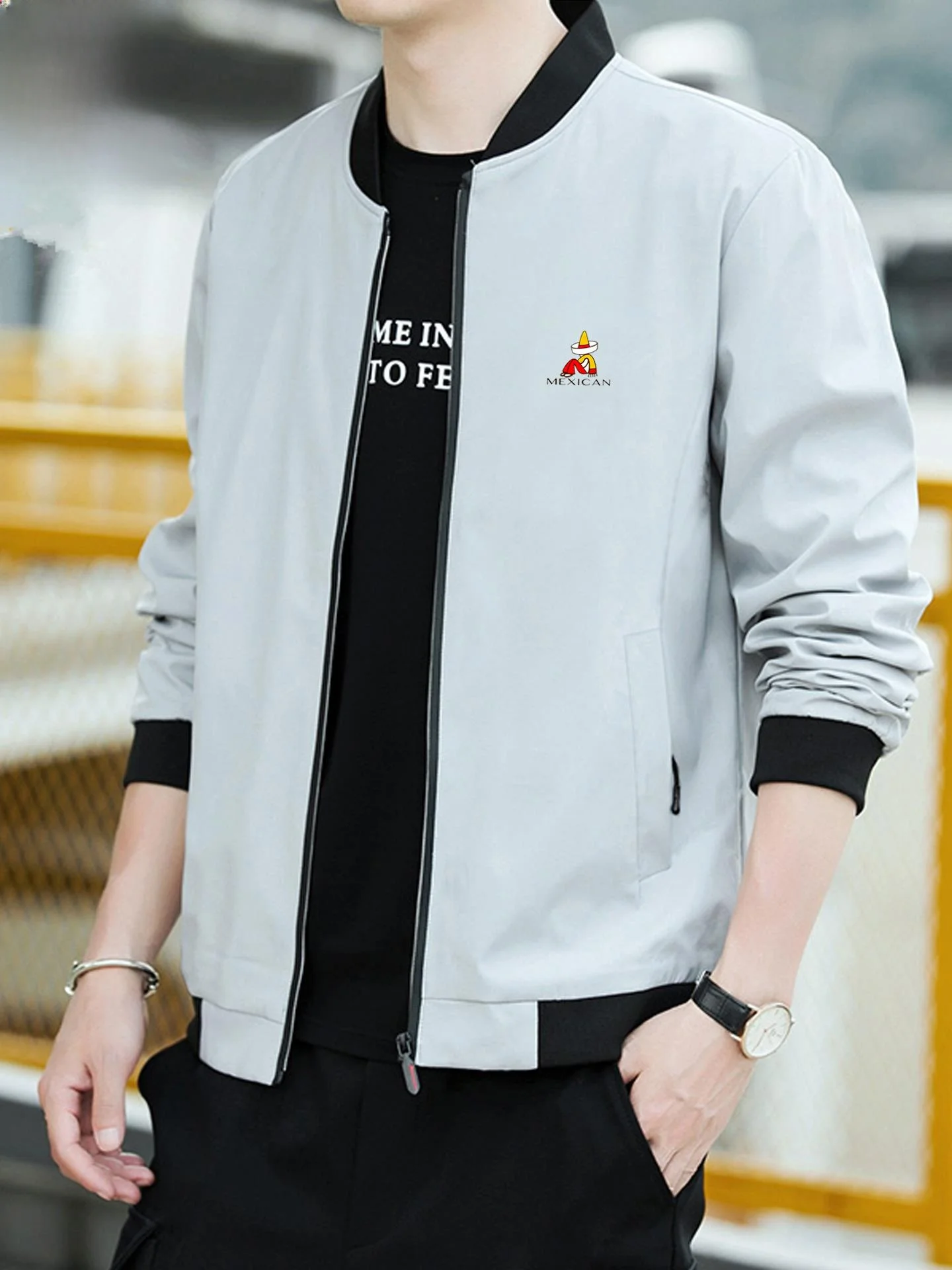 

Men's Windproof Pure Color Stand Collar Baseball Jaet Autumn Faion Casual Outerwear Polyester Fiber Long Sve Zipper