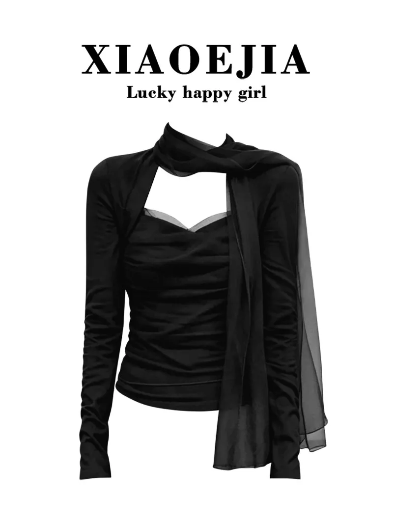 Women's Black T-shirt Harajuku Korean Y2k Tee Top 2000s 90s Aesthetic Fashion Vintage Long Sleeves T-shirt Autumn 2026 Clothes