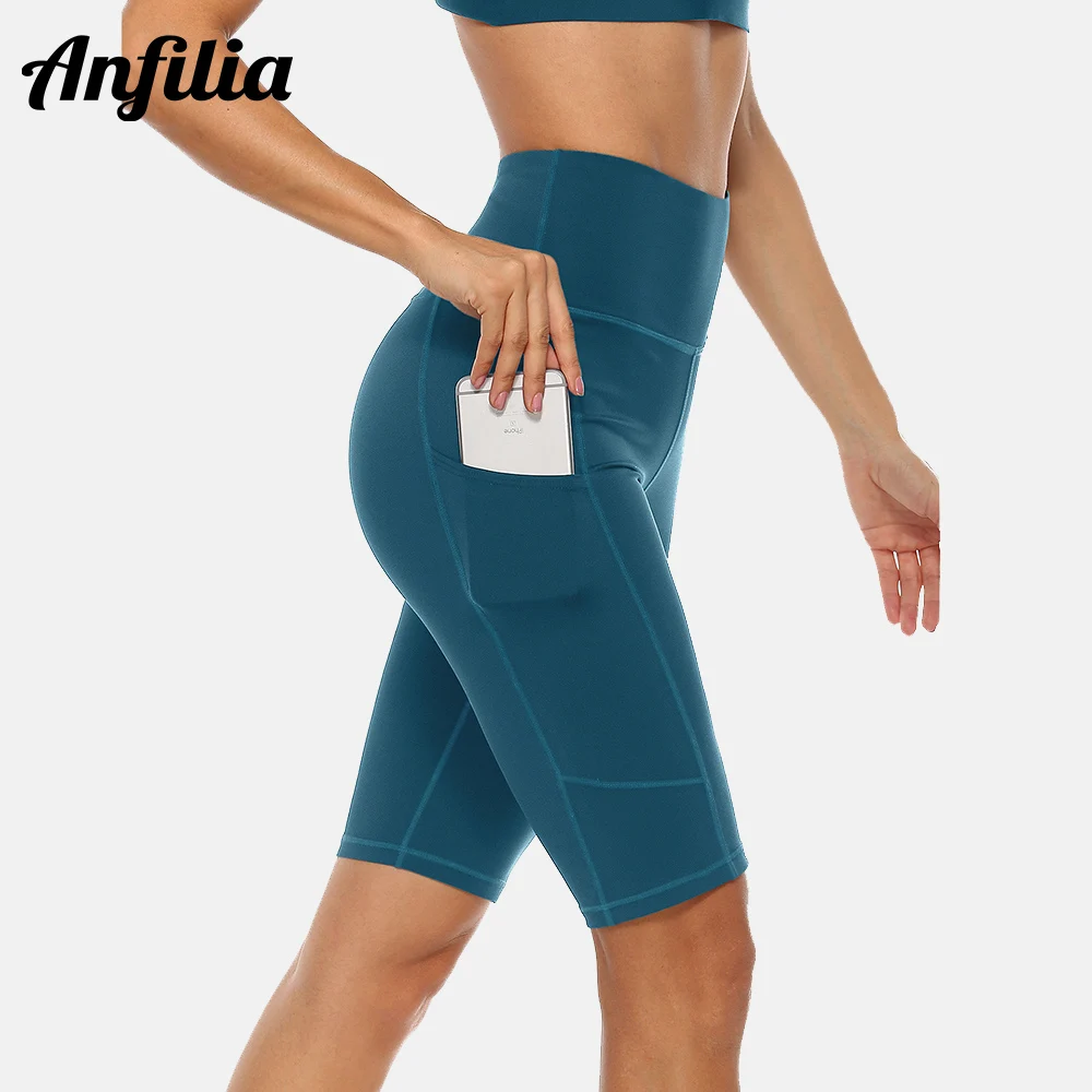 Anfilia Women Yoga Shorts Jogging  Running Sports Shorts  High-waist with Side Pockets Workout Shorts