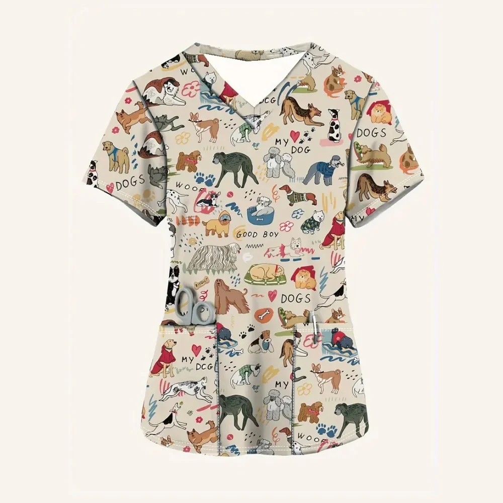 Surgical Uniforms Woman Christmas Puppy Cartoon Print Dental Vet Medico V-Neck Short Sleeve Micro-Stretch Uniforms Women Medical