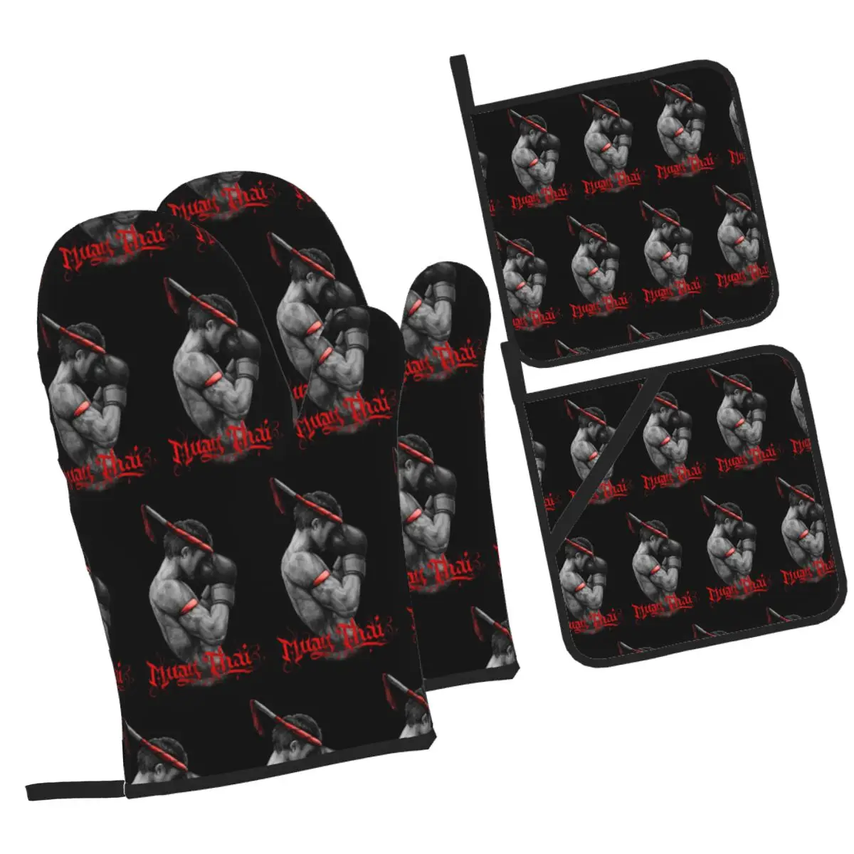 Muay Thai Boxing Fighter Oven Mitts and Pot Holder Sets of 4 for Baking Kitchen Cooking Grilling Resistant Non-Slip Gloves
