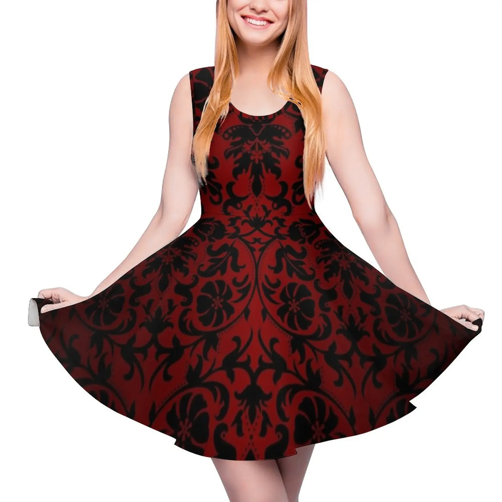 

Dark Red and Black Damask Pattern Sleeveless Dress dresses for prom Women"s clothing luxury evening dress woman for wedding