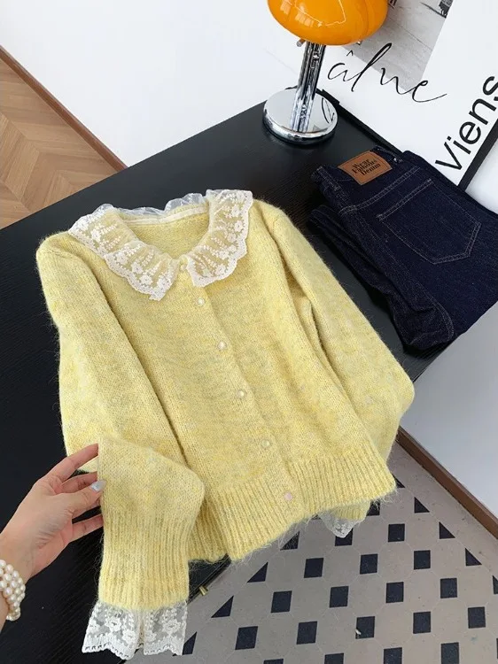 لينة الأصفر الدانتيل تقليم سترة مشغولة من الصوف المرأة الخريف الشتاء ort الحلو الشباب تنوعا سترة مريحة تناسب طويلة Sve
