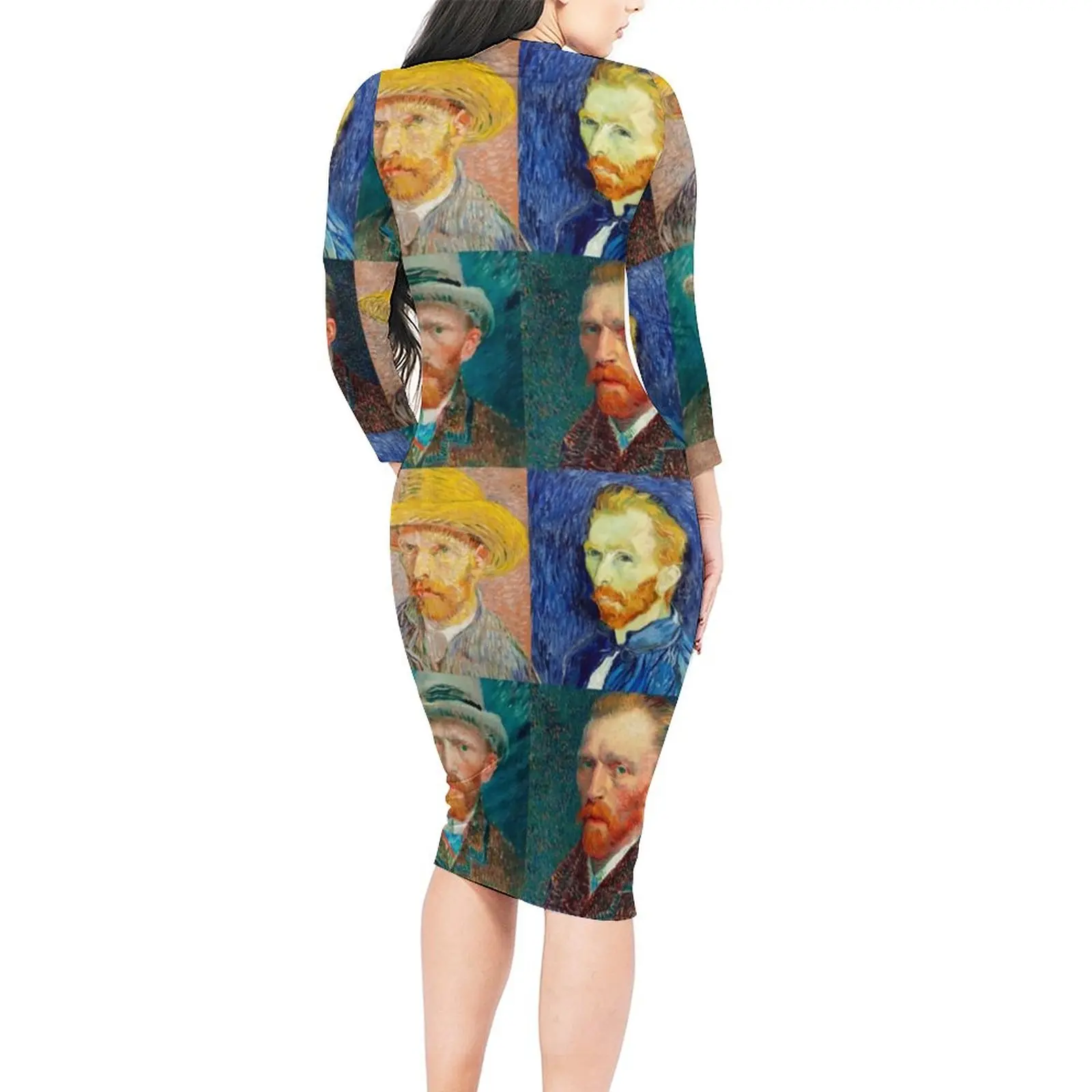 Van Gogh Bodycon Dress Womens Self-Portrait Collage Modern Dresses Autumn Long Sleeve Aesthetic Graphic Dress Large Size