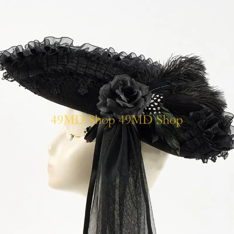 49MD Pirate Captain Hat Lace Trim Long Veil Headwear for Roleplay Event and Stage Show