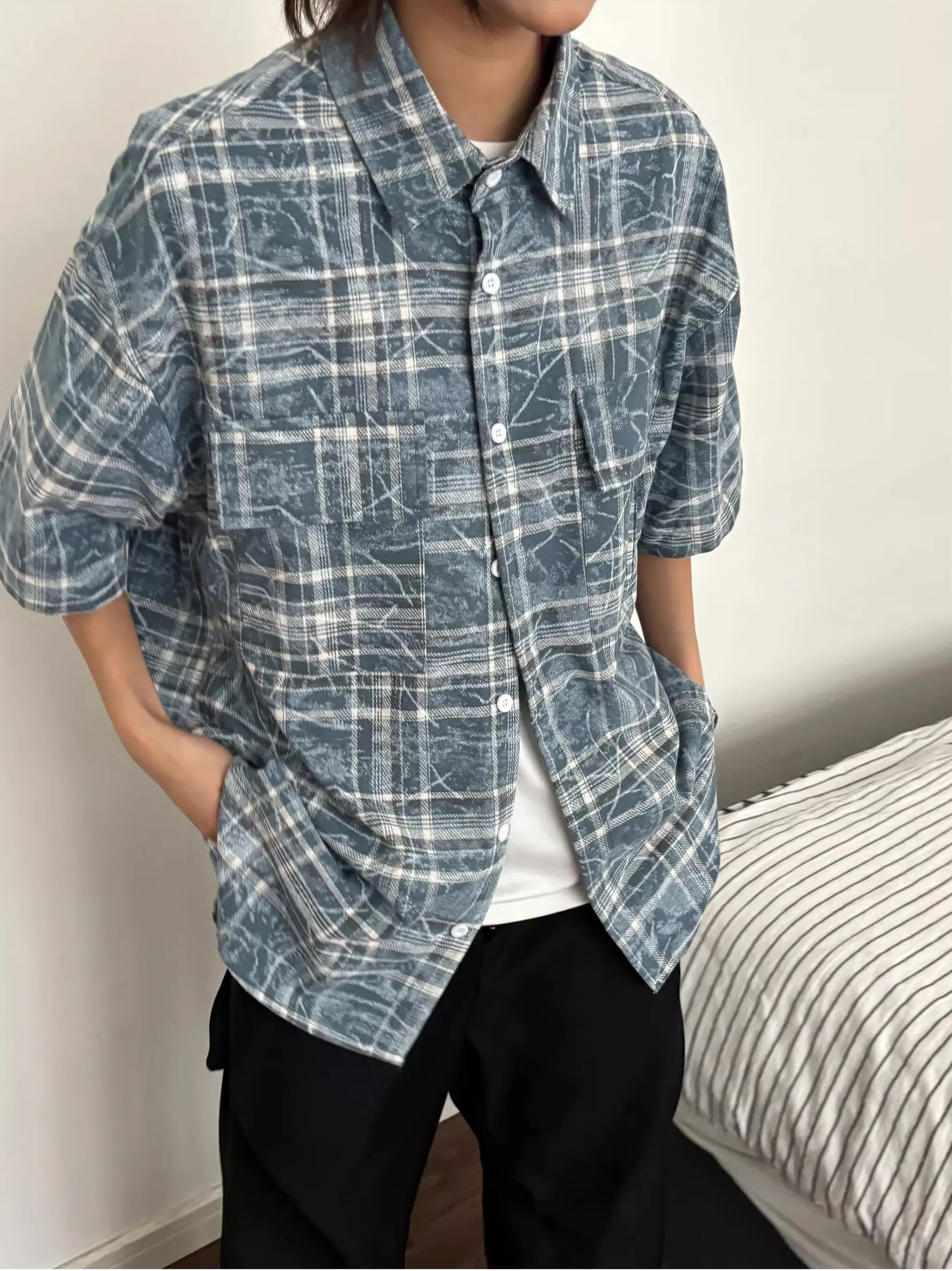 Sommer American Plaid Cra Print ort Sve irt Herren Vintage Umlegekragen Paar Lässig Vielseitig f Sve irt