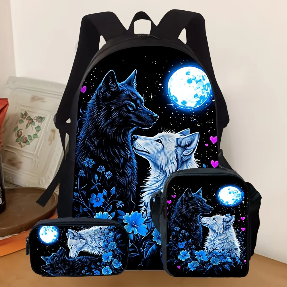 

3pcs [2D Flat] Wolf & Moon Print Backpack Set, Night Sky Starry Design School Bag with Pencil Case & Small Bag, Casual Daypack,