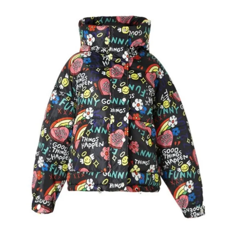 2024 New Parkas For Women Winter Brand Fashion Colorful Graffiti Harajuku Streetwear Zipper Coats Warm Jacket