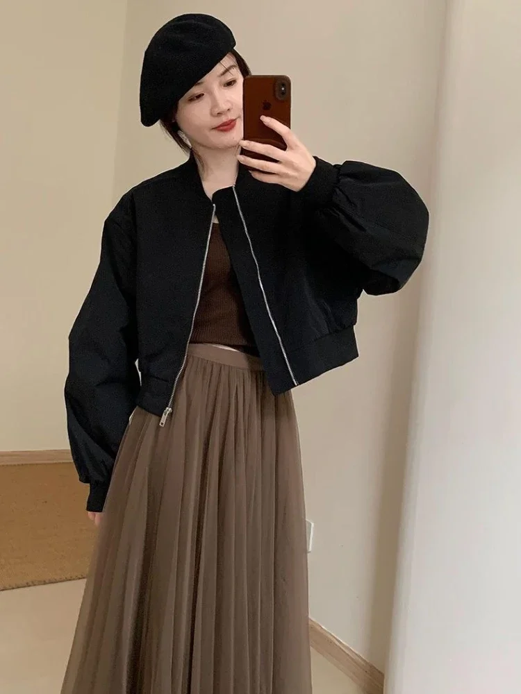 Women Elegant Baseball Jacket 2026 New Korean Style Cropped Slim Fit Casual Coat Autumn Petite Versatile Streetwear Top