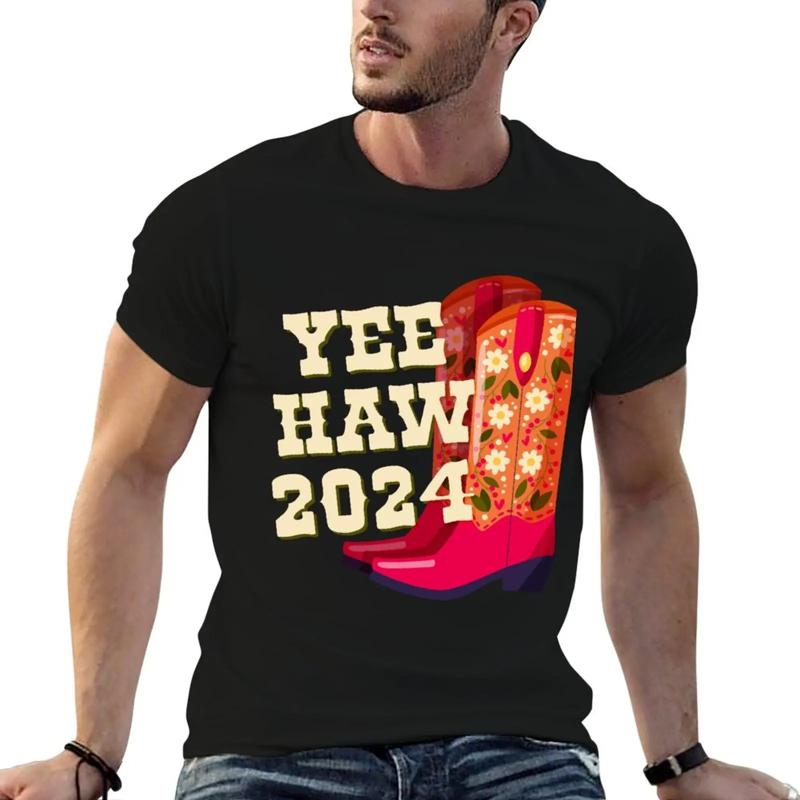 A pair of cowboy boots decorated with flowers and a hand lettering message Yeehaw 2024 on green background. Happy New Ye T-Shirt