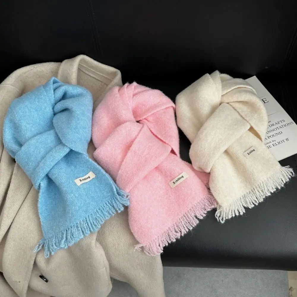

New Tassel Knitted Scarf Solid Color Warm Cross Scarf Neckerchief Autumn and Winter
