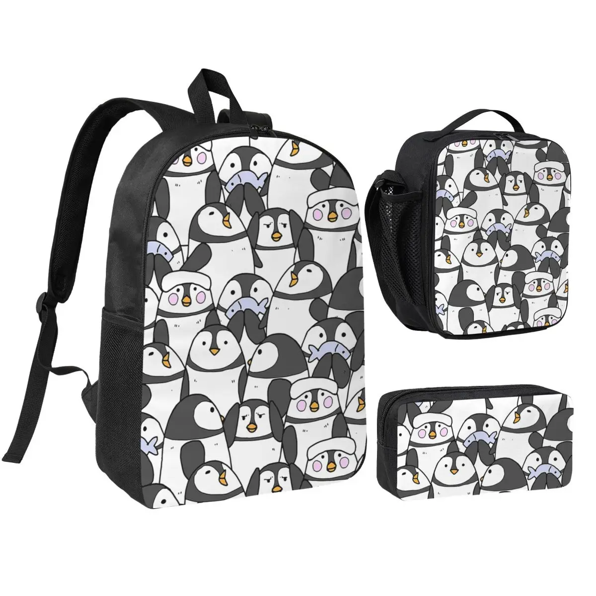 Hand Drawn Penguin Set Backpack Student BookBag School Bag Shoulder Bags 3ps Insulated Lunch Bag Pencil Case